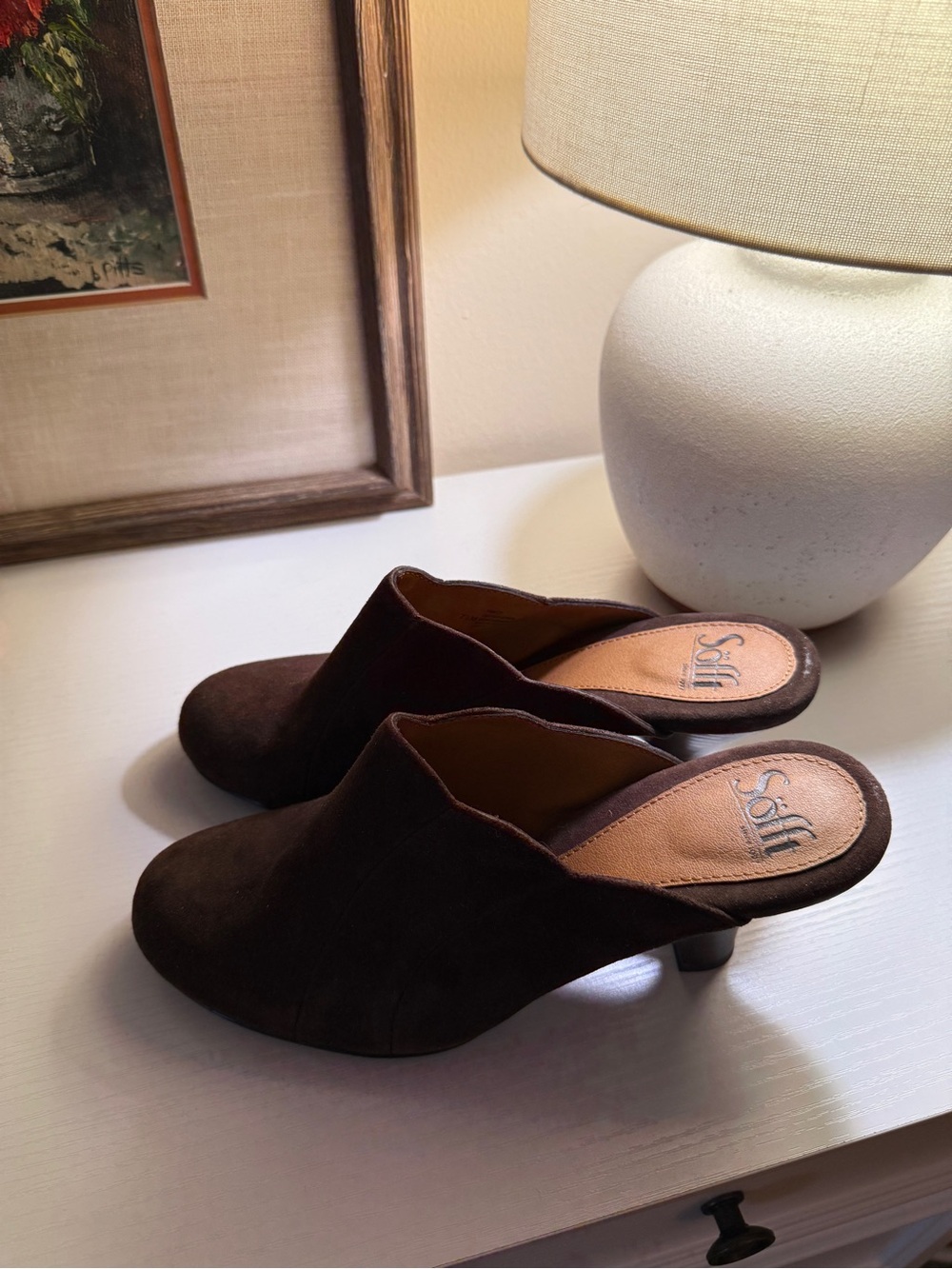 Sofft Dark Brown Suede Slip-On Mule Heels